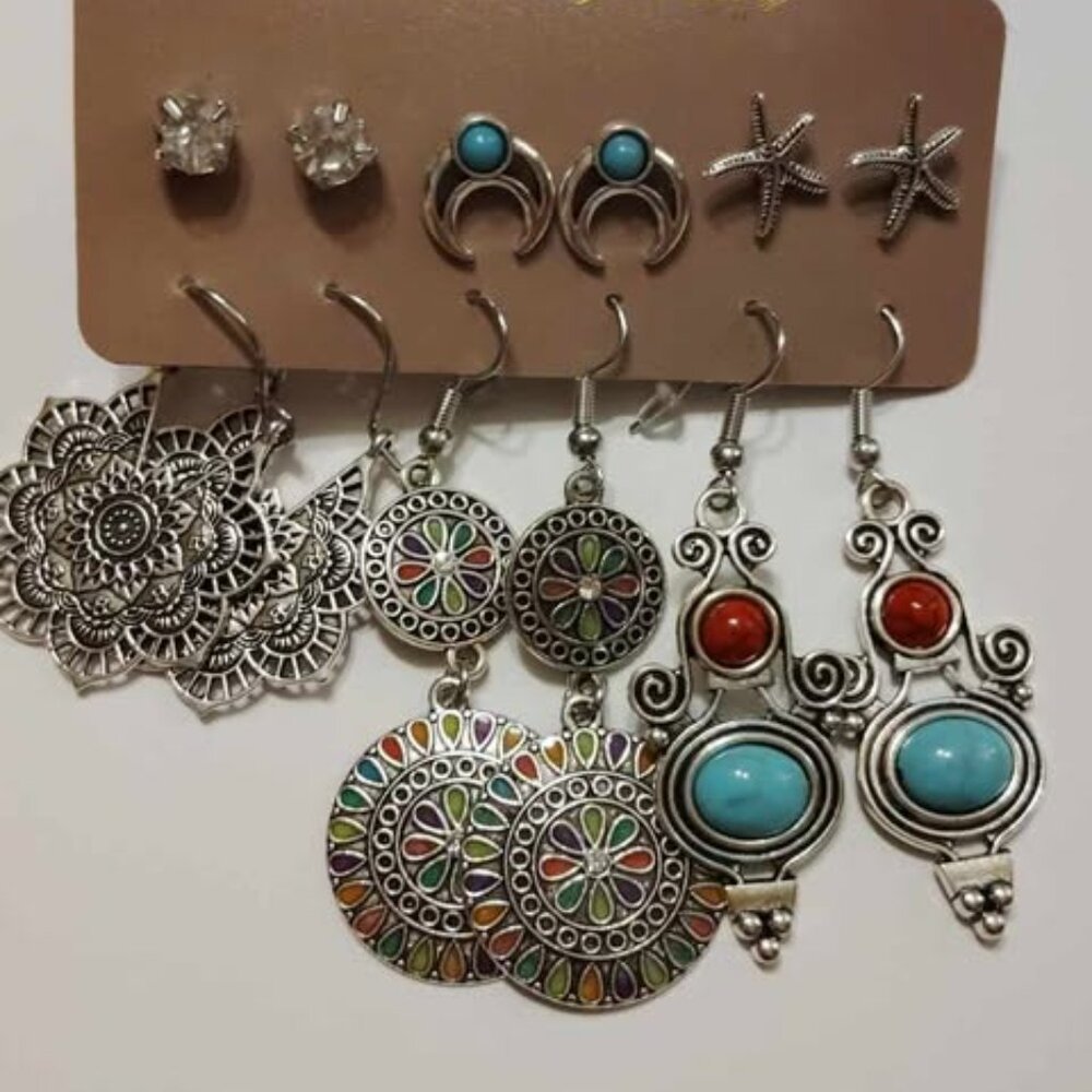 Set of 6 pairs of earrings with plastic stub backs. New/never worn